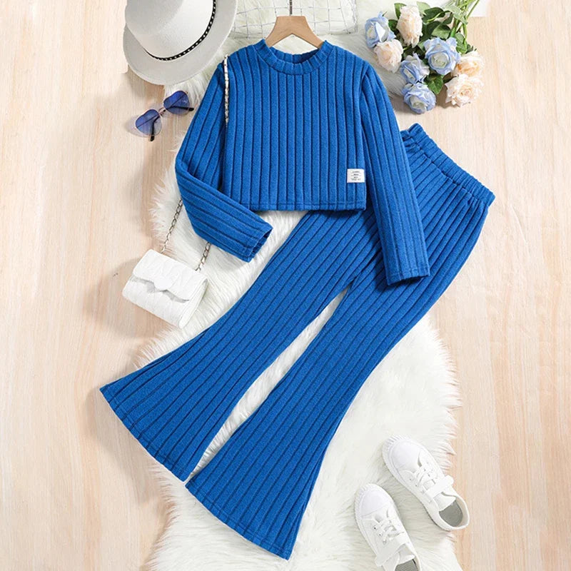 Ribbed Flare Girls’ Lounge Set with Cropped Long-Sleeve Top