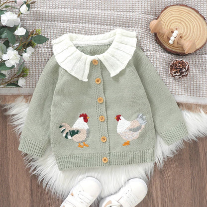 Baby & Toddler Girls Knit Cardigan Sweater (6 Months–3 Years) – Ruffled Collar, Rooster Embroidery