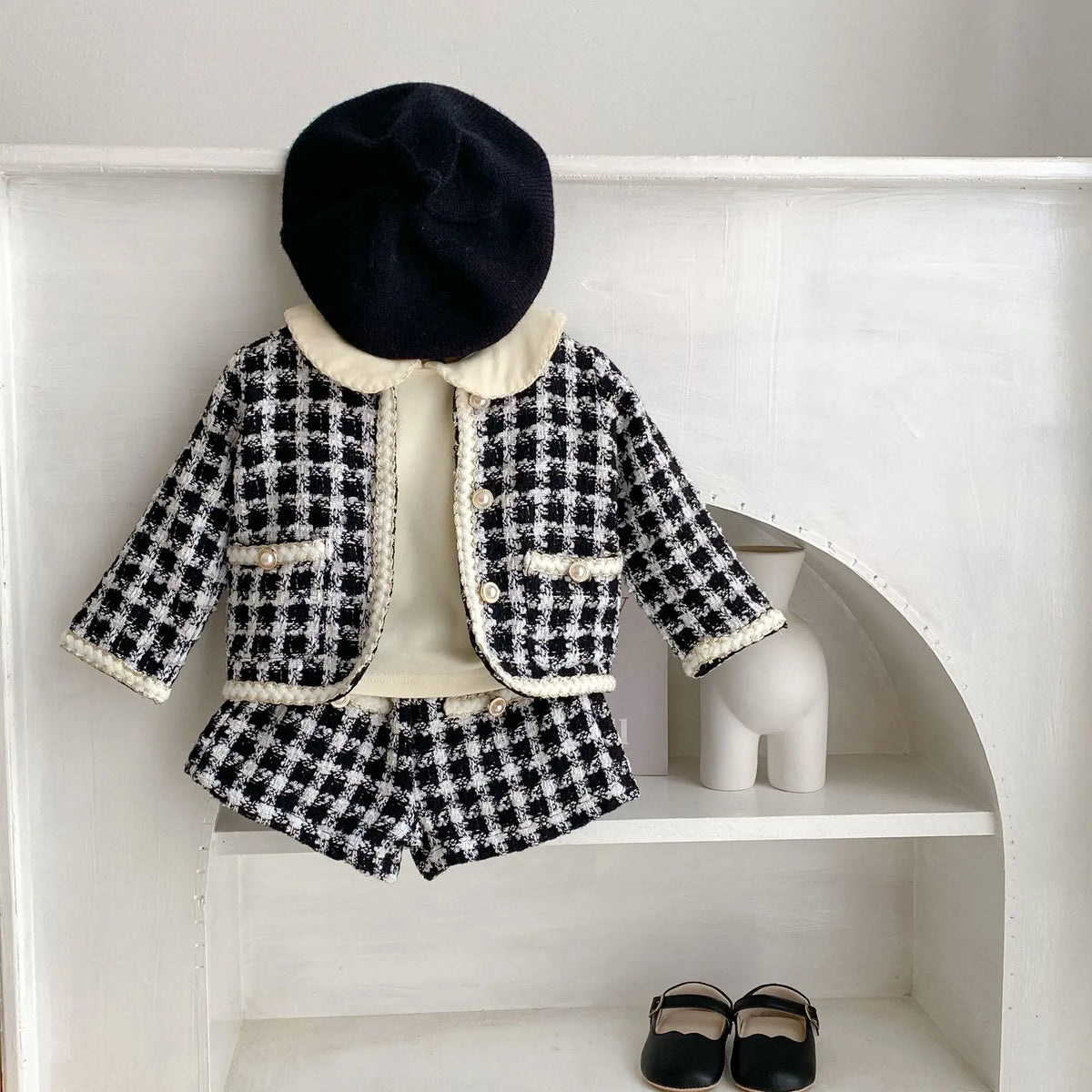 Black & White Tweed Jacket and Shorts Set for Girls