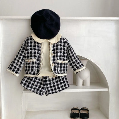Black & White Tweed Jacket and Shorts Set for Girls