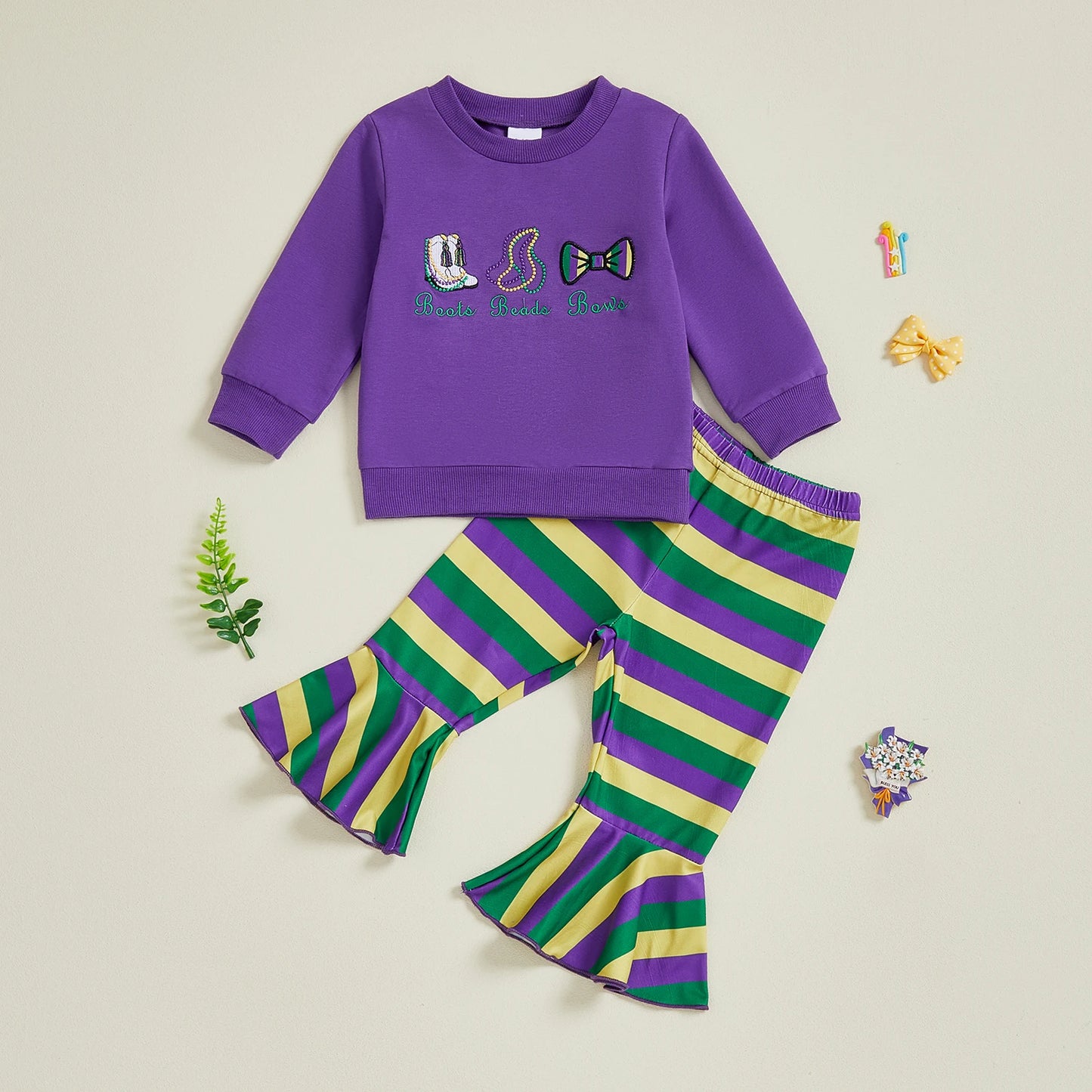 Embroidered Sweatshirt & Striped Flare Pants Set for Girls