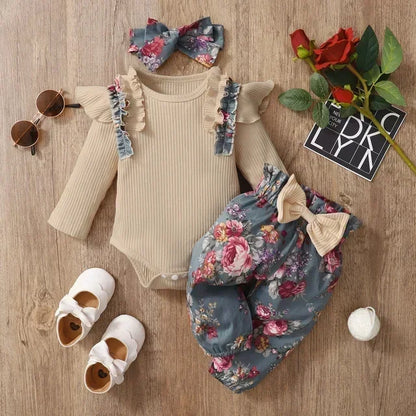 Ruffle-Sleeve Bodysuit, Printed Pants & Bow Headband Set for Baby Girls