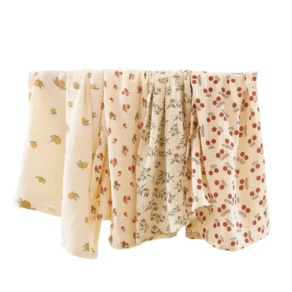 Vintage Floral & Fruit Print Cotton Muslin Baby Blanket