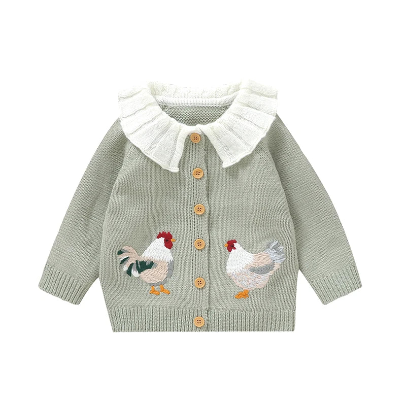 Baby & Toddler Girls Knit Cardigan Sweater (6 Months–3 Years) – Ruffled Collar, Rooster Embroidery