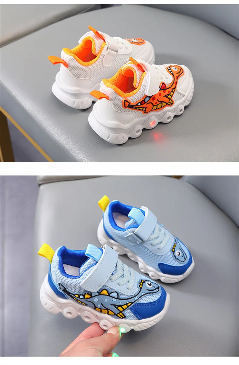 Kids Dinosaur LED Light-Up Sneakers with Hook-and-Loop Strap