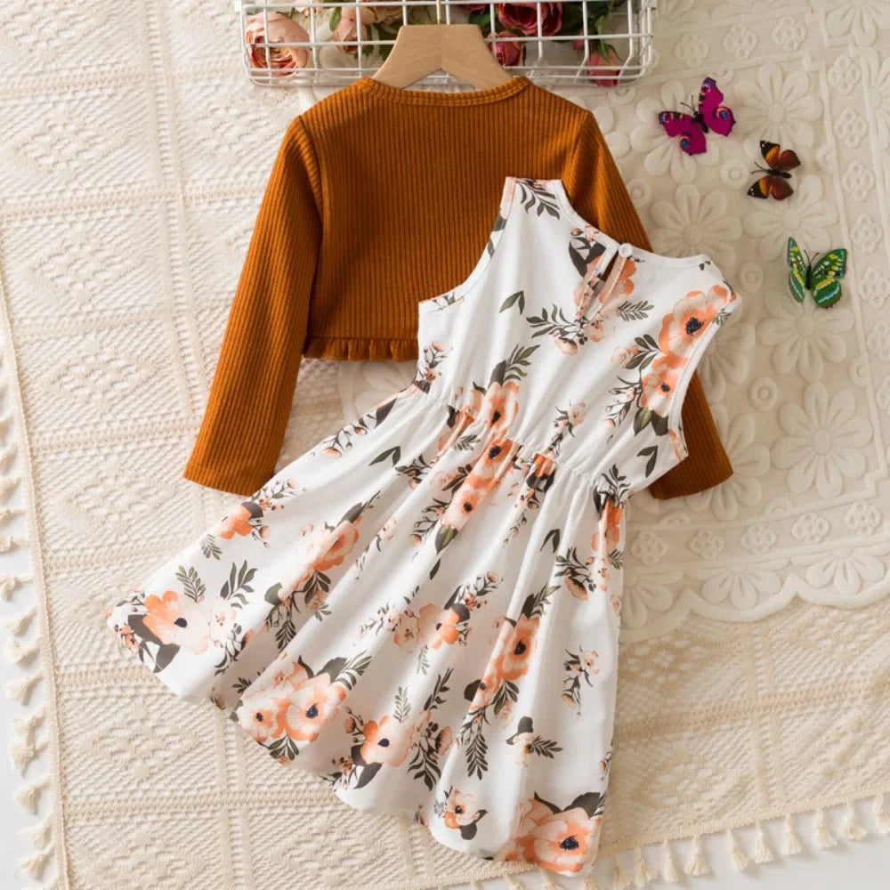 Floral Bow Dress & Ruffle-Trim Cardigan Set for Girls