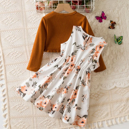 Floral Bow Dress & Ruffle-Trim Cardigan Set for Girls
