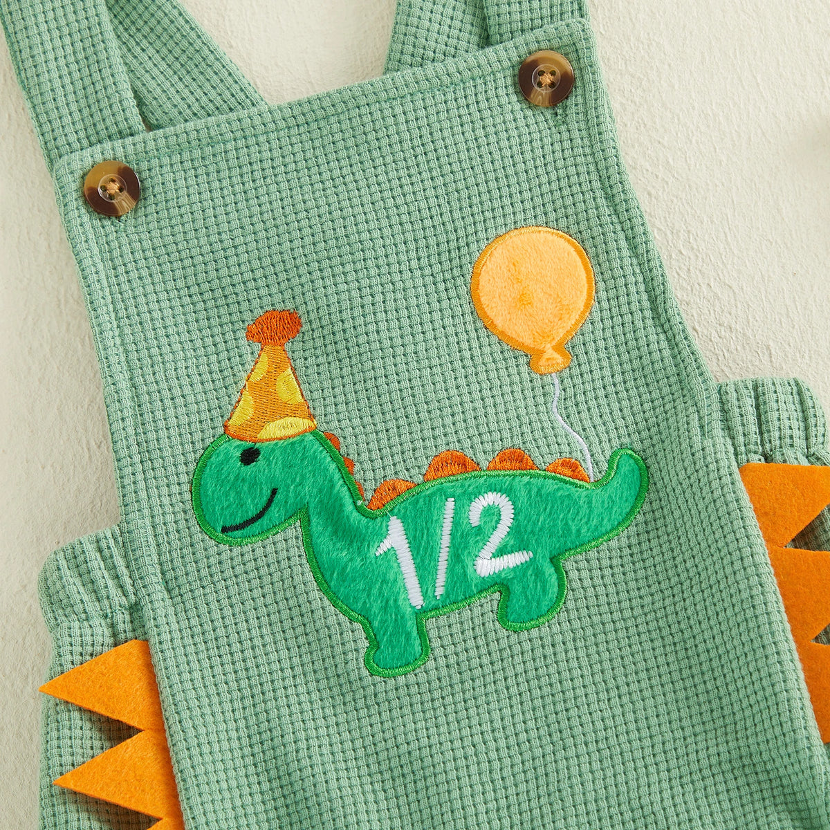 Dino Half-Birthday Waffle-Knit Overall Romper for Baby Boys