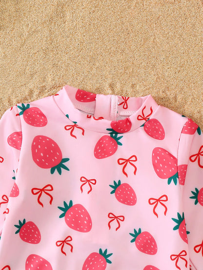 Strawberry Bow Ruffle Baby & Toddler Long-Sleeve Swimsuit with Sun Hat
