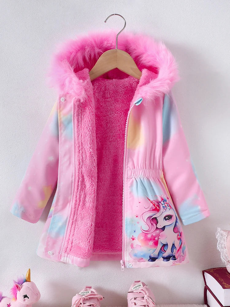 Little Girls' Fur-Trimmed Unicorn Parka Jacket – Plush-Lined Zip-Up Hooded Coat for Fall & Spring (4–7 years)