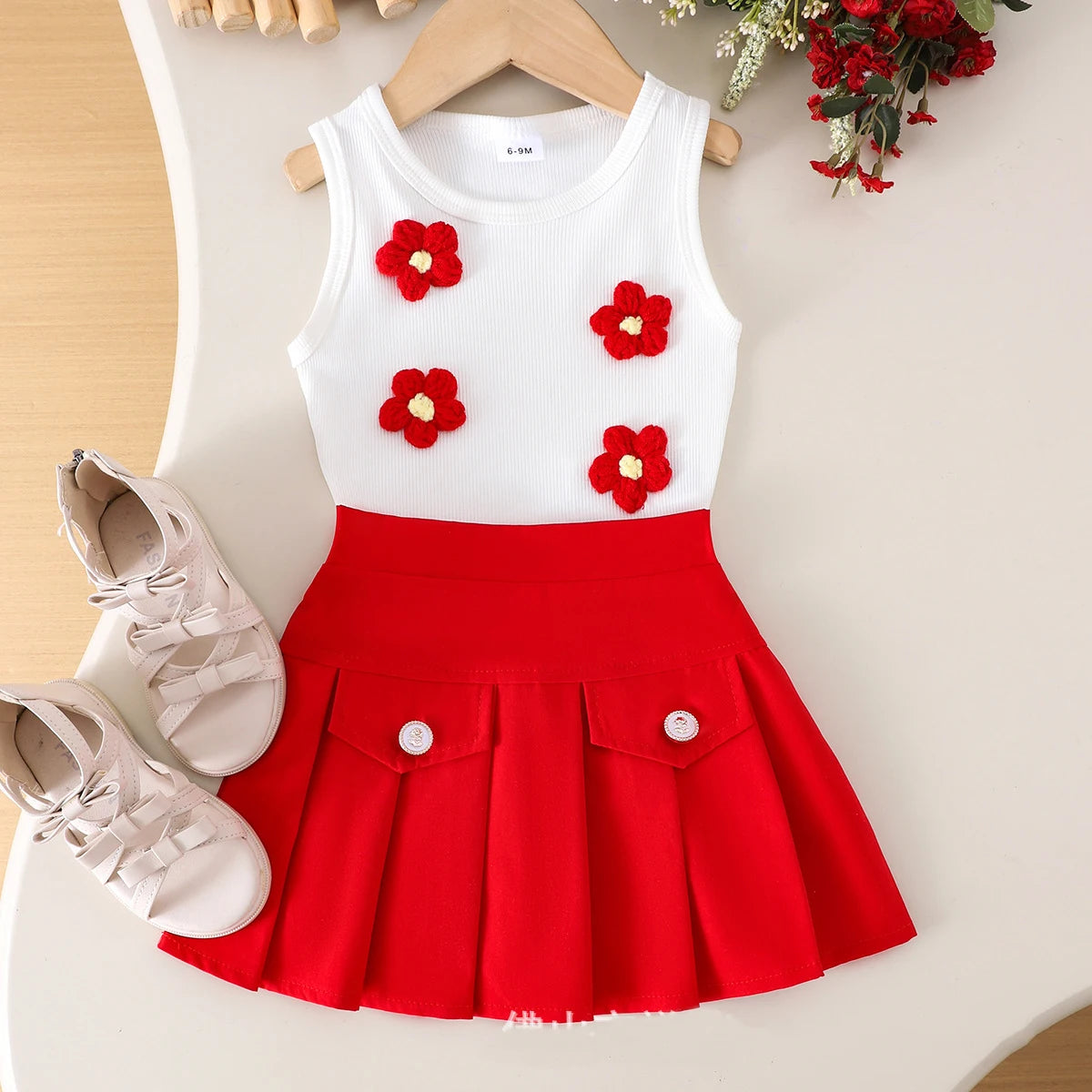 Rosette Ruffle Top & Pleated Skirt Set for Baby Girls