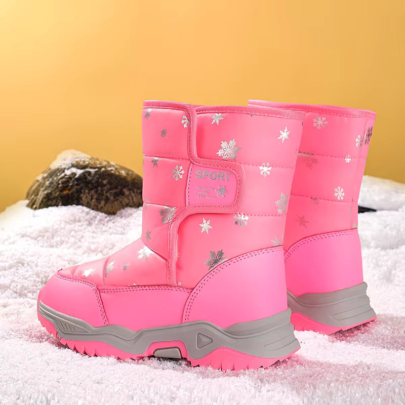 Snowflake Print Fur-Lined Winter Snow Boots for Girls