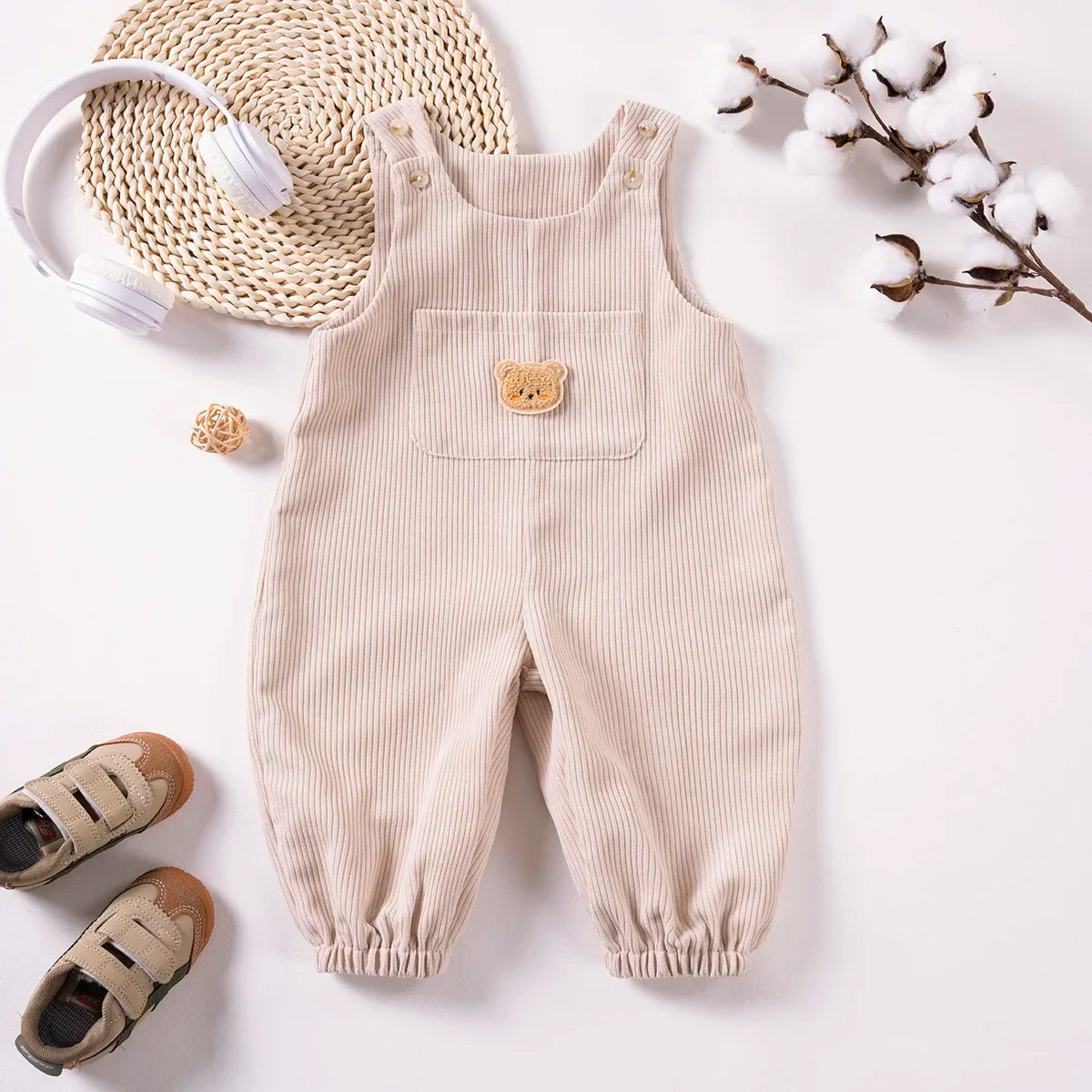 Bear-Patch Ribbed Overall Romper for Girls
