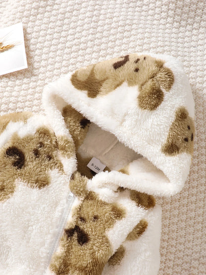 Winter Plush Baby Jumpsuit – Hooded Bear Romper with Slanted Zipper (3–24 Months)