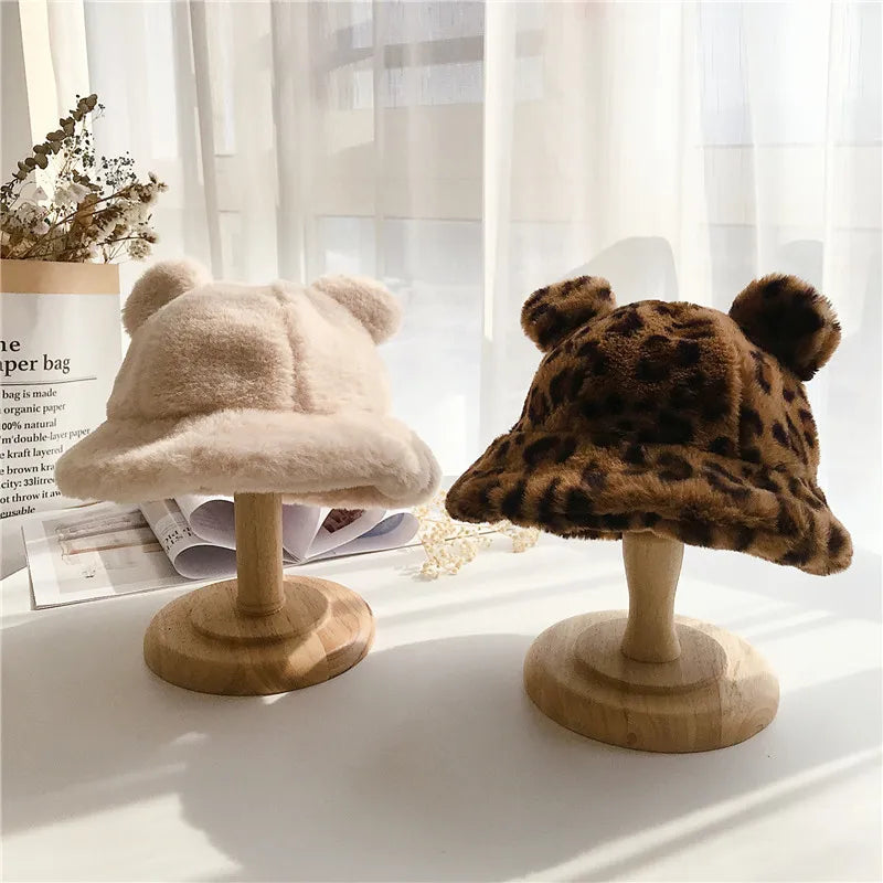 Plush Bear-Ear Winter Bucket Hat for Girls