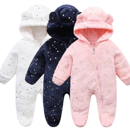 Plush Hooded Baby Jumpsuit – Cozy Flannel One-Piece with Bear Ears (0–12 Months)