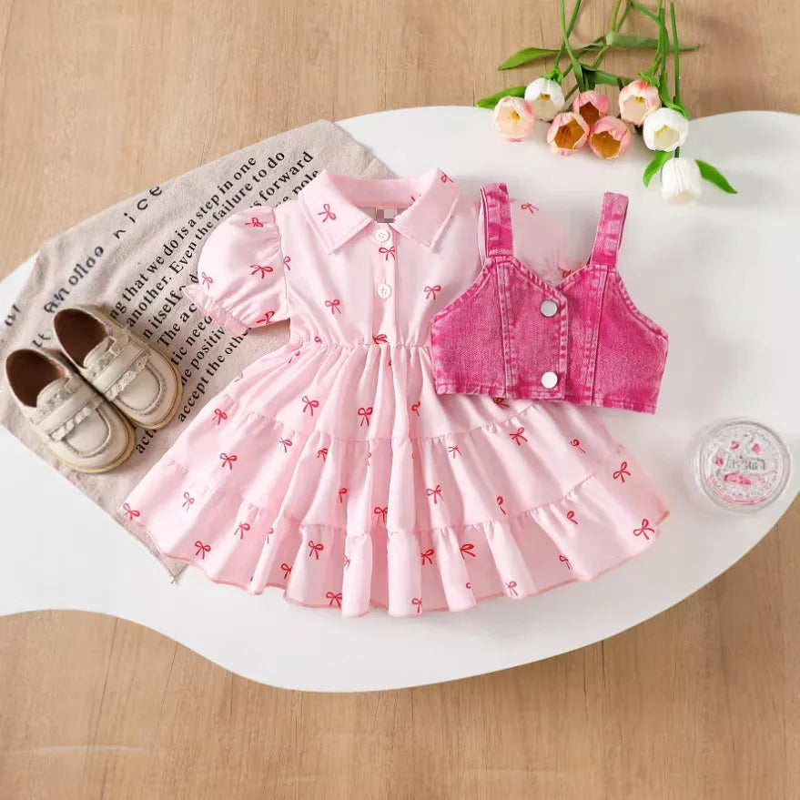Bow-Print Tiered Dress & Cropped Denim-Look Vest Set for Baby Girls