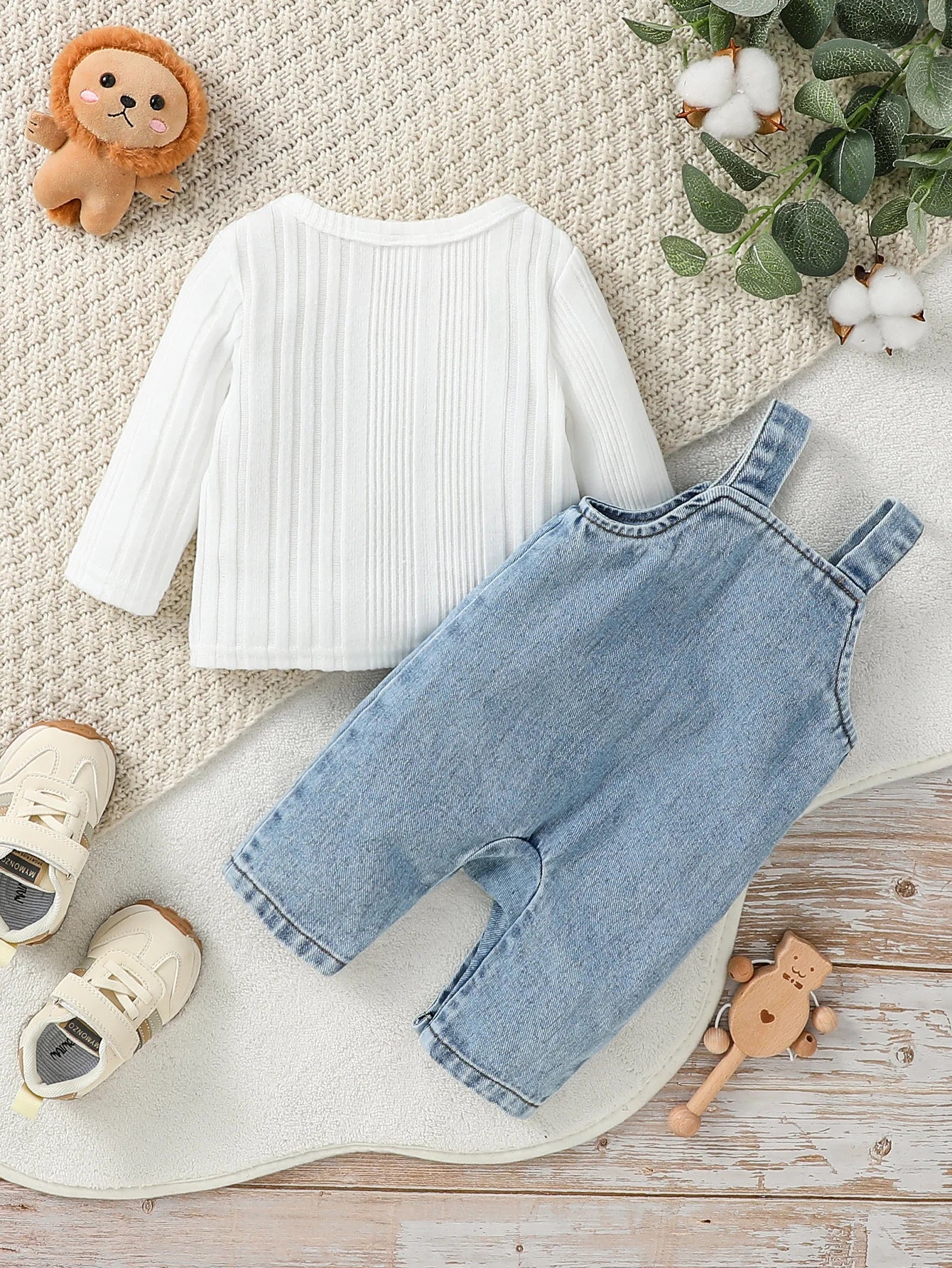 Baby Denim Overalls Set with Long-Sleeve Ribbed Top – 2-Piece Outfit for Newborns (0–9 Months)