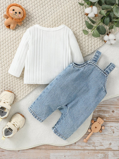 Baby Denim Overalls Set with Long-Sleeve Ribbed Top – 2-Piece Outfit for Newborns (0–9 Months)
