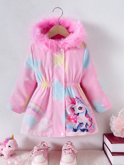 Little Girls' Fur-Trimmed Unicorn Parka Jacket – Plush-Lined Zip-Up Hooded Coat for Fall & Spring (4–7 years)