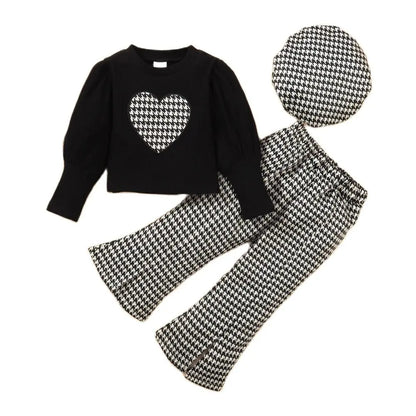 Houndstooth Heart Girls’ Top, Flare Pants & Beret Set