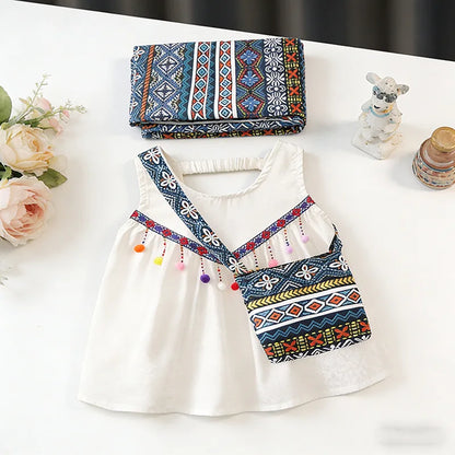 Boho Tassel Top, Printed Pants & Mini Bag Set