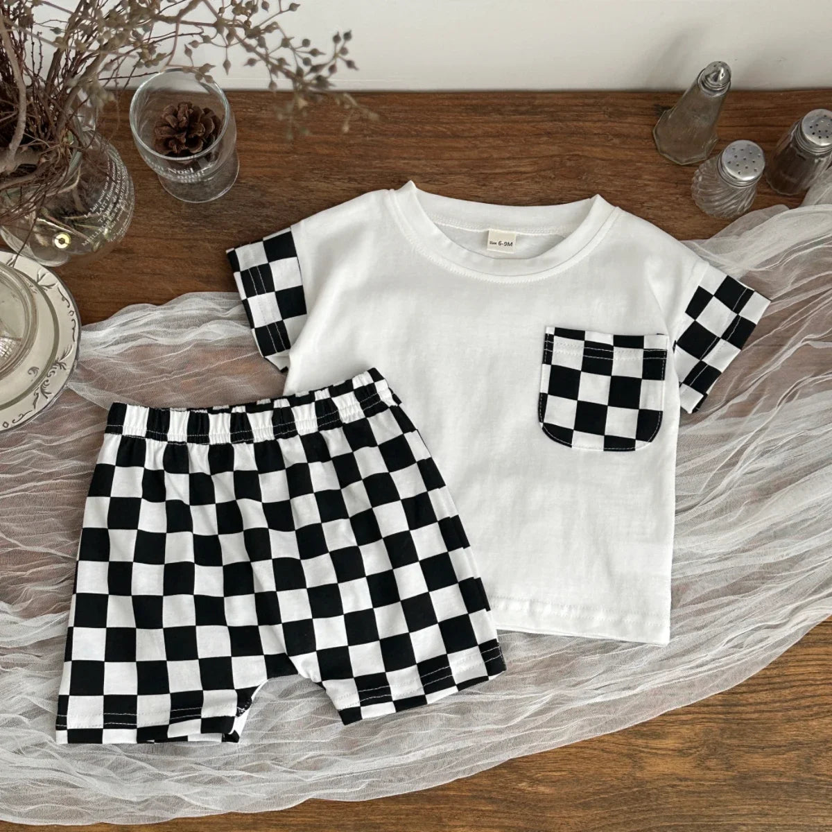 Black & White Checkerboard Tee & Shorts Set for Boys