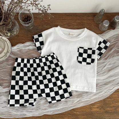 Black & White Checkerboard Tee & Shorts Set for Boys