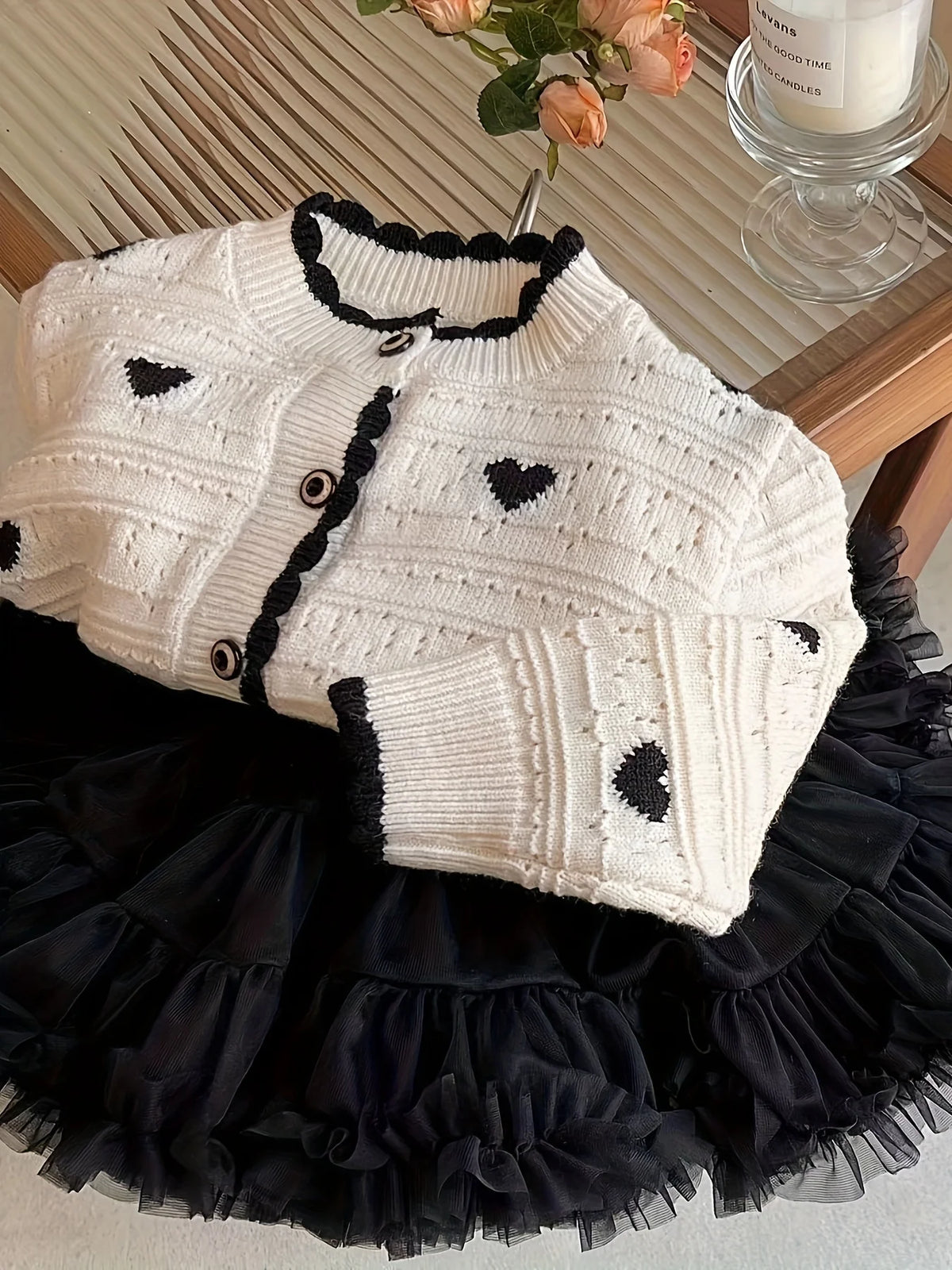 Black Heart Textured Knit Cardigan for Girls
