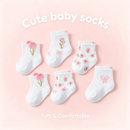 5-Pack Pink Floral & Bow Baby Girl Crew Socks