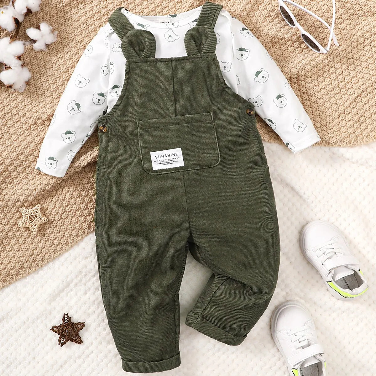 Bear Print Bodysuit & Ribbed Overalls Set