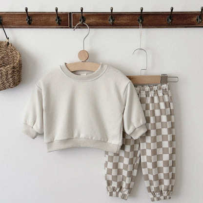 Cozy Two-Piece Baby Outfit – Soft Pullover Top & Checkered Pants Set (6 Months–3 Years)