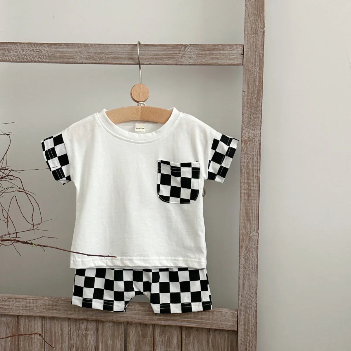 Black & White Checkerboard Tee & Shorts Set for Boys