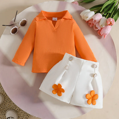 Floral Appliqué Ribbed Top & Pleated Shorts Set for Girls