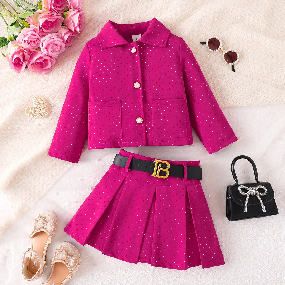 3D Rose Girls’ Blazer & Pleated Skirt Set