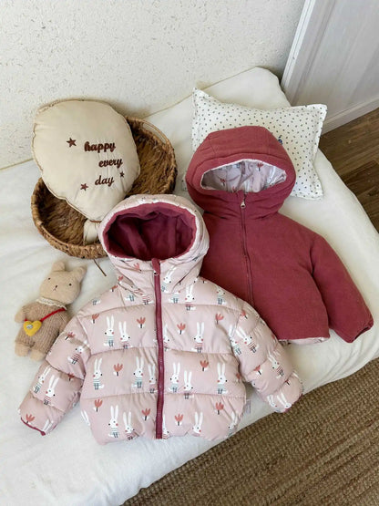 Reversible Bunny Print Hooded Puffer Jacket for Girls
