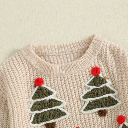 Baby Christmas Knit Sweater – Santa Hat & Tree Embroidery Crewneck (0–18 Months)