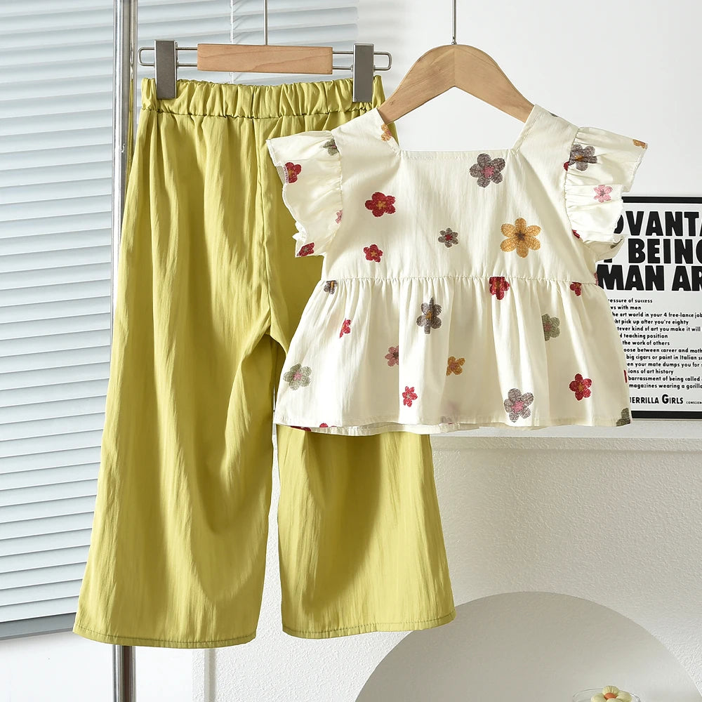 Floral Flutter-Sleeve Top & Wide-Leg Pants Set
