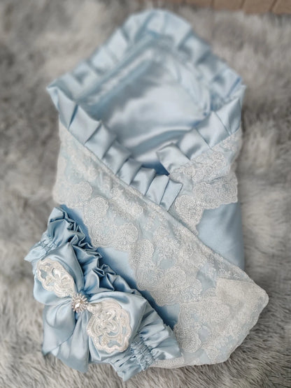 Lace-Trim Satin Baby Swaddle Blanket with Floral Bow