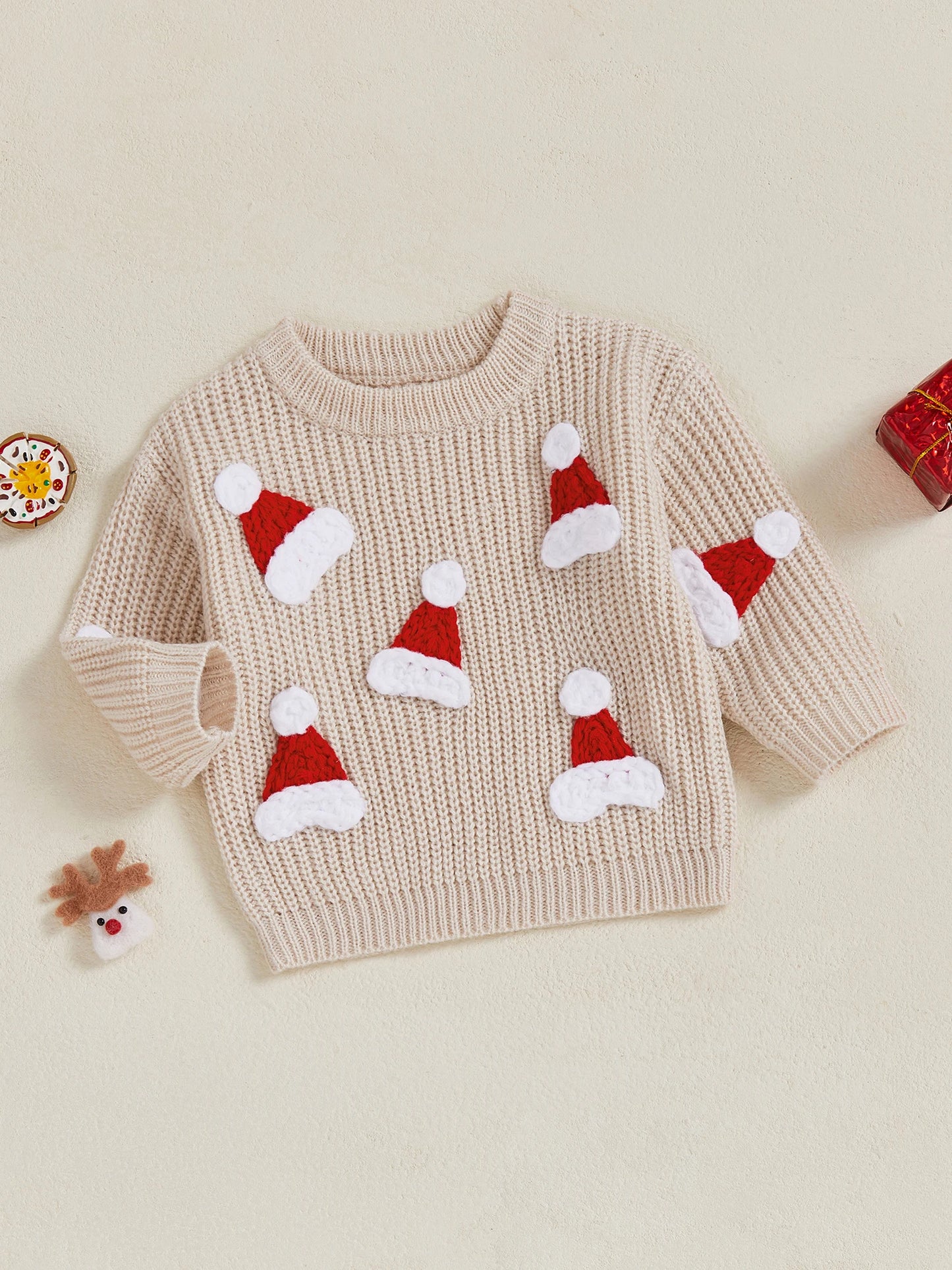 Baby Christmas Knit Sweater – Santa Hat & Tree Embroidery Crewneck (0–18 Months)