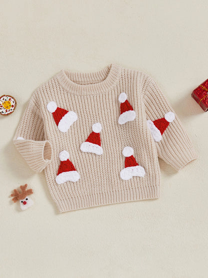 Baby Christmas Knit Sweater – Santa Hat & Tree Embroidery Crewneck (0–18 Months)