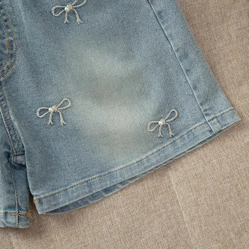 Mini Bow Embroidered Wide-Leg Denim Shorts for Girls