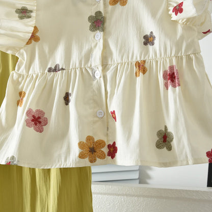 Floral Flutter-Sleeve Top & Wide-Leg Pants Set
