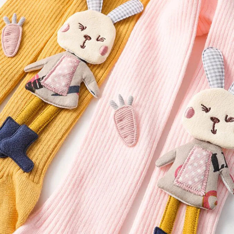 3D Bunny Appliqué Ribbed Tights for Girls