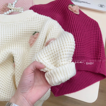 Girls Strawberry Knit Sweater – Cozy Textured Pullover (2–7 Years), Round Neck