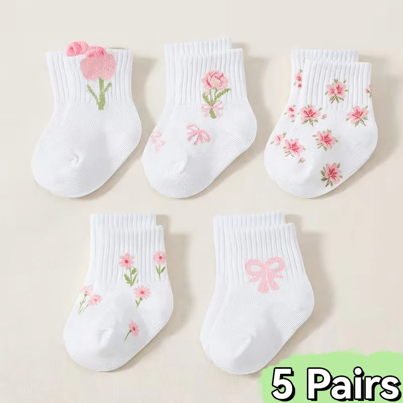 5-Pack Pink Floral & Bow Baby Girl Crew Socks