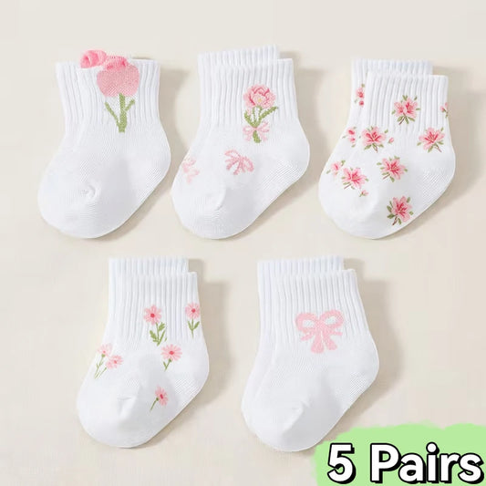 5-Pack Pink Floral & Bow Baby Girl Crew Socks