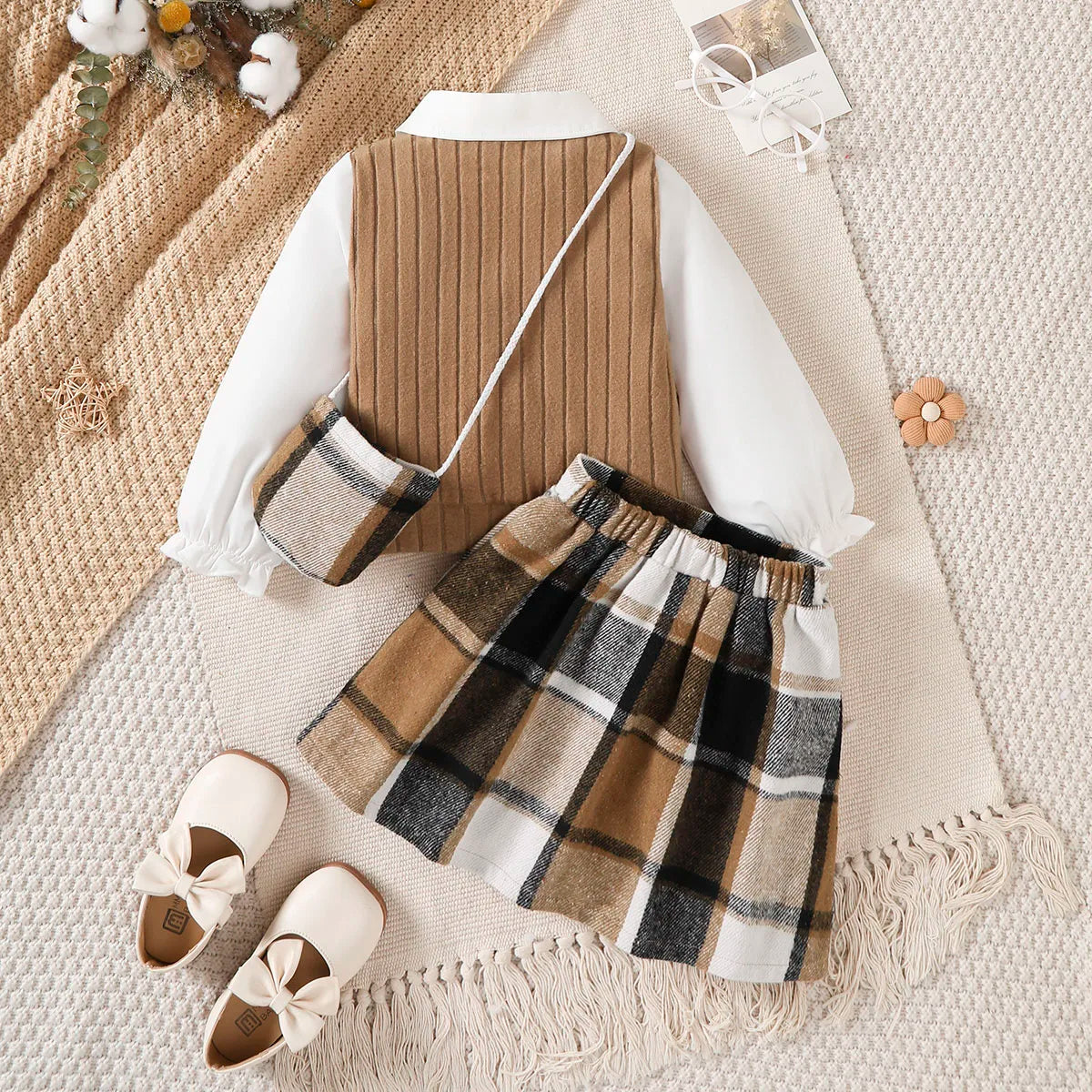 Preppy Knit Vest Blouse & Plaid Pleated Skirt Set for Girls