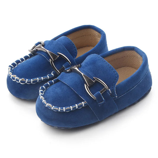 Metal Buckle Suede-Look Baby Loafers with Contrast Stitching