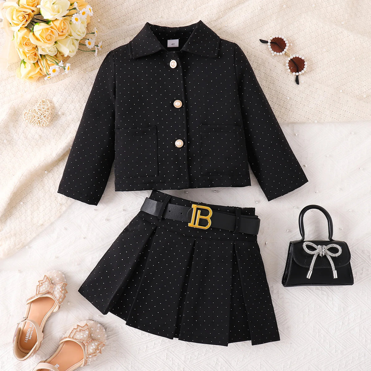 3D Rose Girls’ Blazer & Pleated Skirt Set